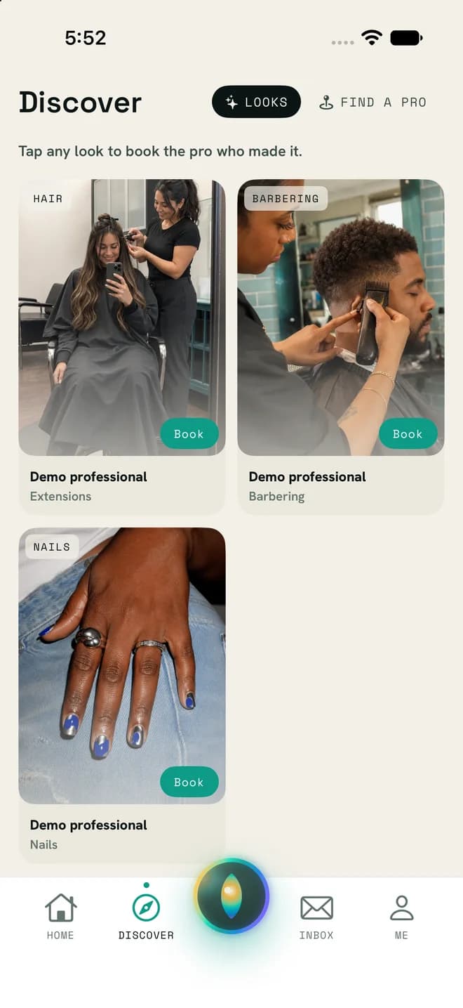 Tovis iOS Discover screen with sample extension, barbering and nail looks